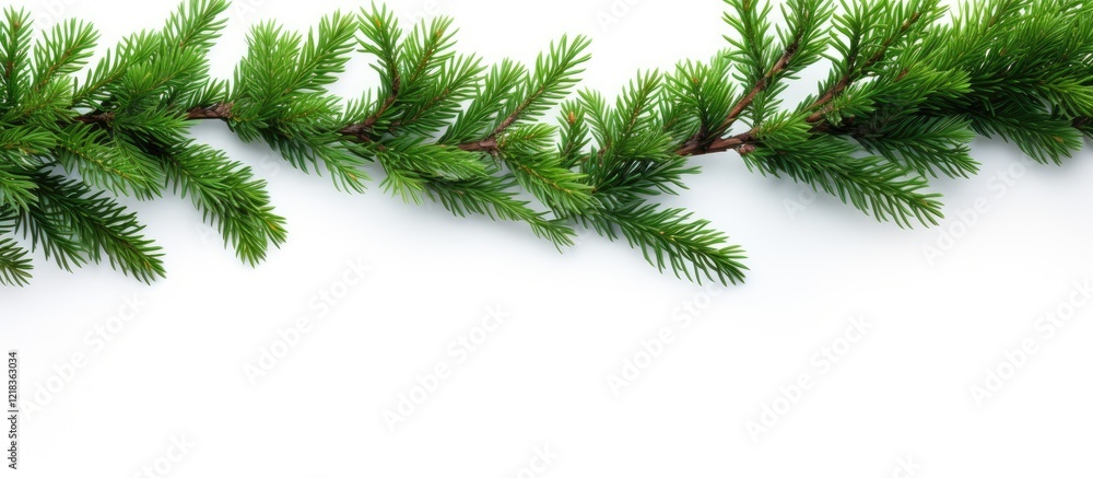 Poster Evergreen tree branch frame with lush green needles positioned horizontally against a clean white background creating a fresh and natural ambiance