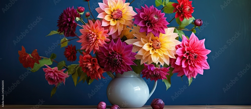 Poster vibrant dahlia flowers in a light blue vase on a wooden table against a dark blue background with am