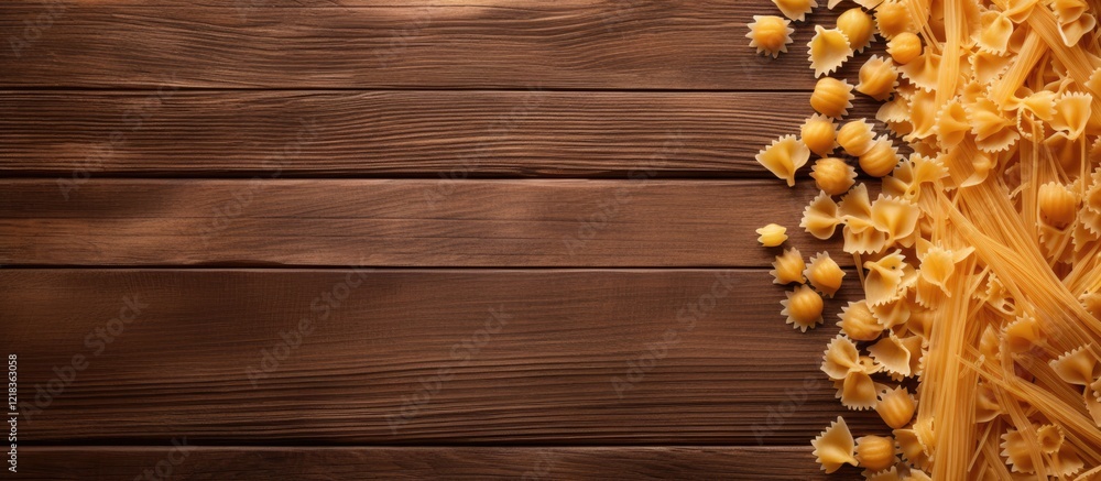 Poster dried pasta varieties in golden yellow hues arranged on a textured wooden background with ample copy