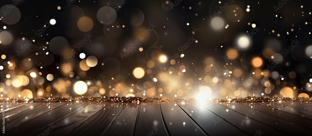 Aufkleber Golden bokeh lights sparkle against a dark background with wooden texture foreground creating a warm festive atmosphere ideal for celebrations.