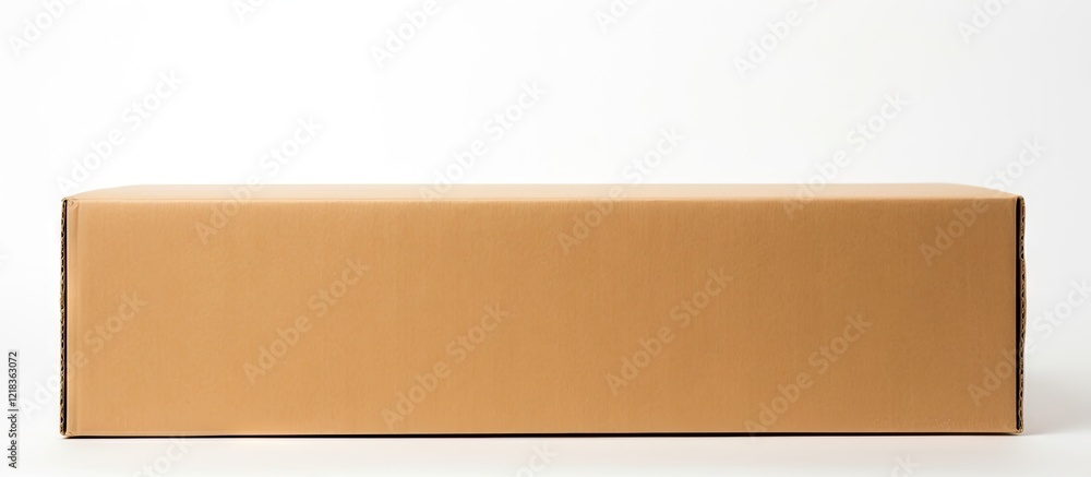 Poster Empty cardboard box positioned centrally on a plain white background, featuring warm beige tones and ample copy space for branding or messaging.