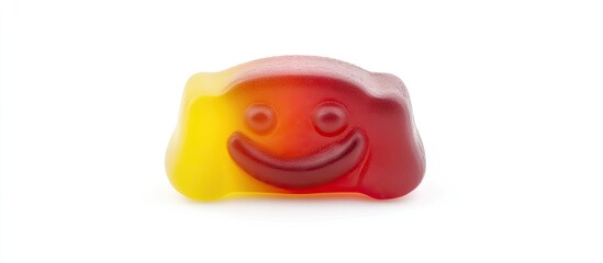Fototapeta premium Cheerful gummy candy with a smiley face in vibrant red and yellow colors, isolated on a white background for appealing food photography.
