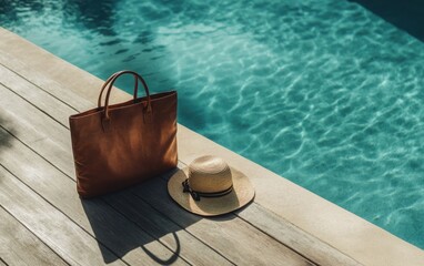 A peaceful poolside composition with a beach tote, a sun hat, and a pair of sandals placed gently on a wooden deck, creating a relaxing summer vibe 