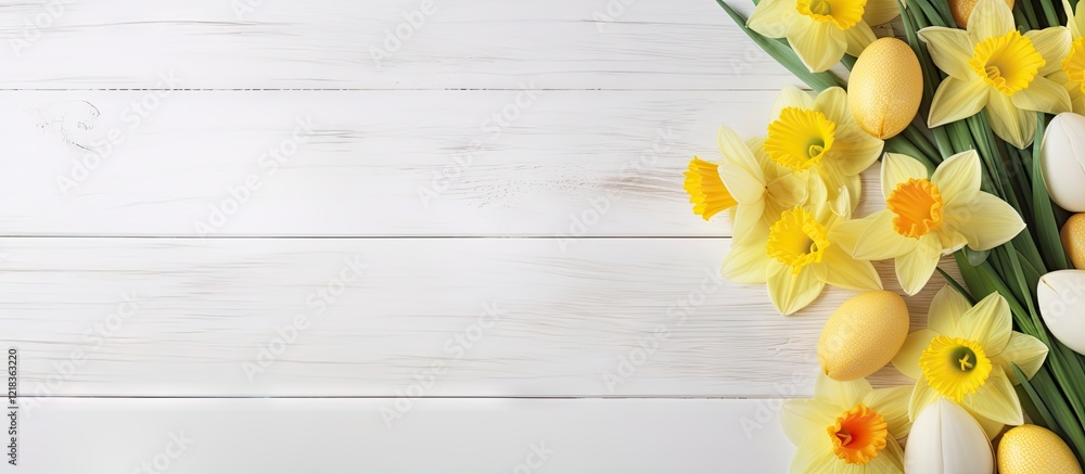 Poster easter composition with yellow daffodils and painted eggs arranged on white wooden background highli