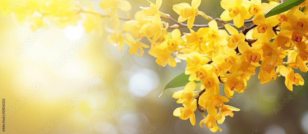 Leinwandbilder bright yellow oncidium orchids branch elegantly positioned on the right with a soft blurred backdrop