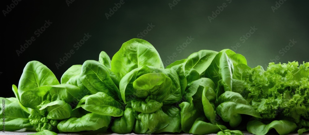 Poster fresh vibrant basil and lettuce leaves arranged side by side on a table with a blurred dark green ba