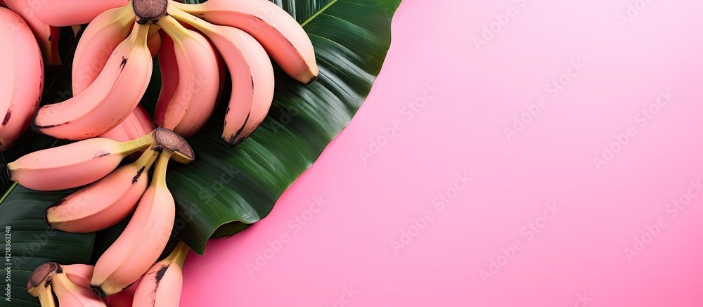 Poster tropical design featuring fresh bananas and green leaves on a vibrant pastel pink background, creati