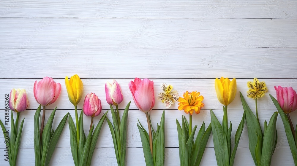 Poster a beautiful array of soft-colored spring flowers, including tulips and daffodils, creates a charming