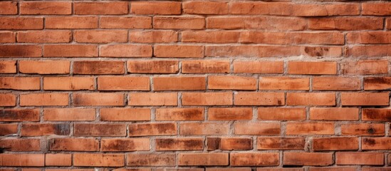 Fototapeta premium Textured orange-red brick wall with varying shades, featuring irregularly spaced bricks, ideal for background use with ample copy space.