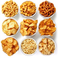 Assorted crunchy snacks in bowls, overhead shot, white background, perfect for food blogs