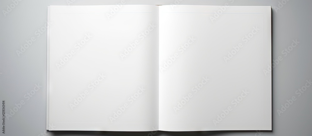 Poster Blank open book template on a soft gray background featuring subtle shadows with white pages positioned centrally for design purposes in catalogs magazines.