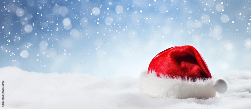 Poster red christmas hat with white fur trim resting on snow with a soft blue bokeh background and falling 