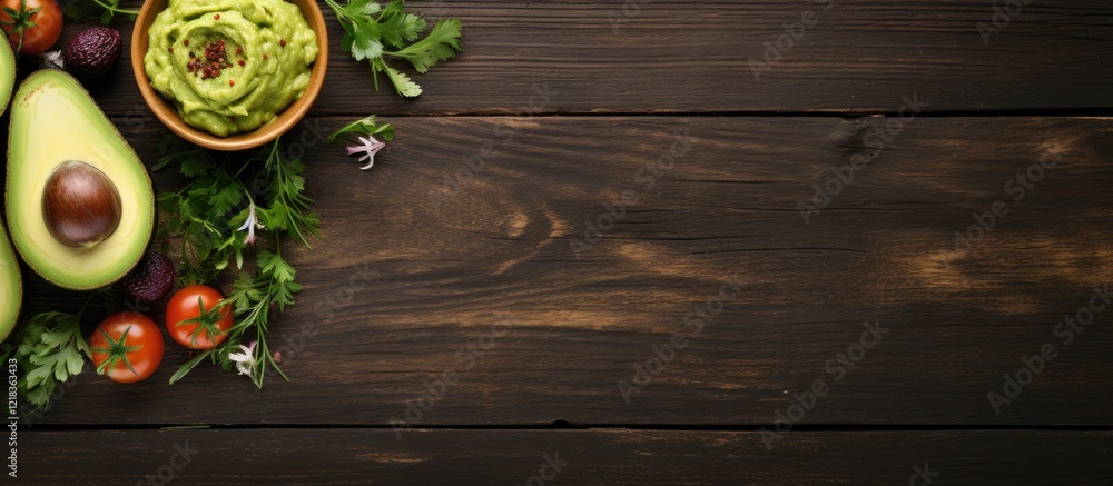 Poster rustic wooden table with fresh avocados ripe tomatoes and guacamole bowl arranged on the left side a