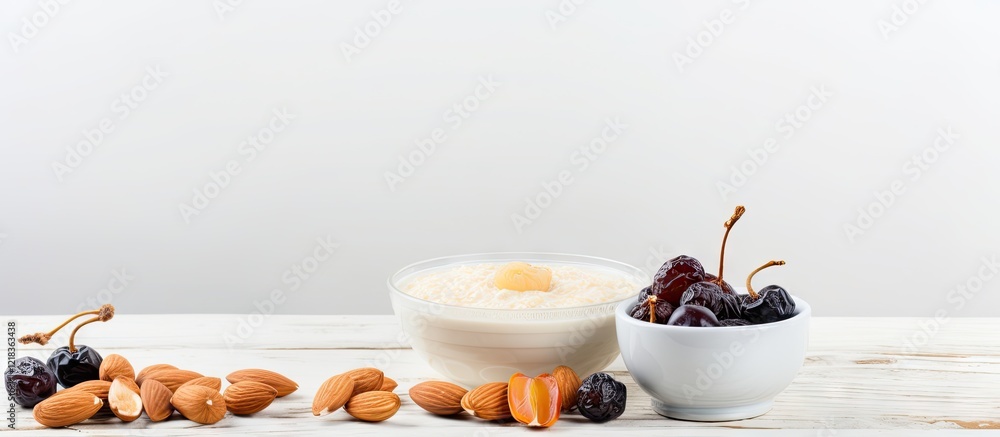 Poster bowl of creamy oatmeal with prunes and almonds on a white rustic table featuring soft neutral tones 
