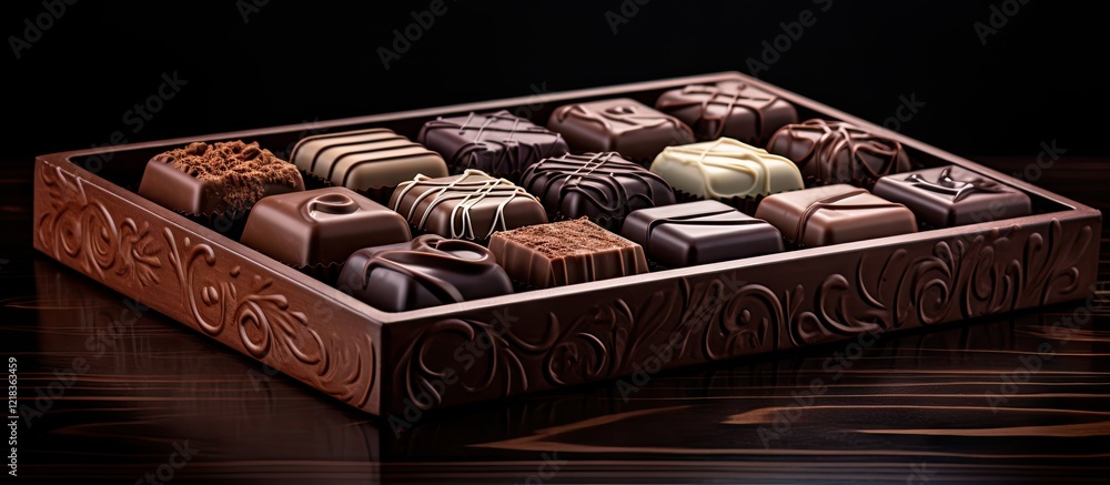 Poster assorted chocolate candies in an ornate wooden box arranged neatly on a dark wooden surface with a r