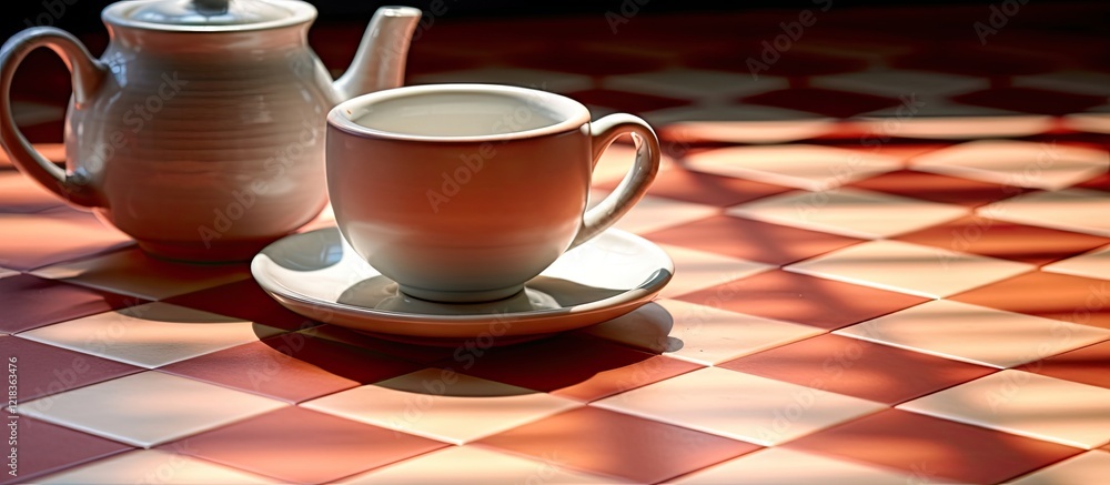 Poster ceramic chinese tea set on a red and white checkerboard table with shadows enhancing visual appeal a