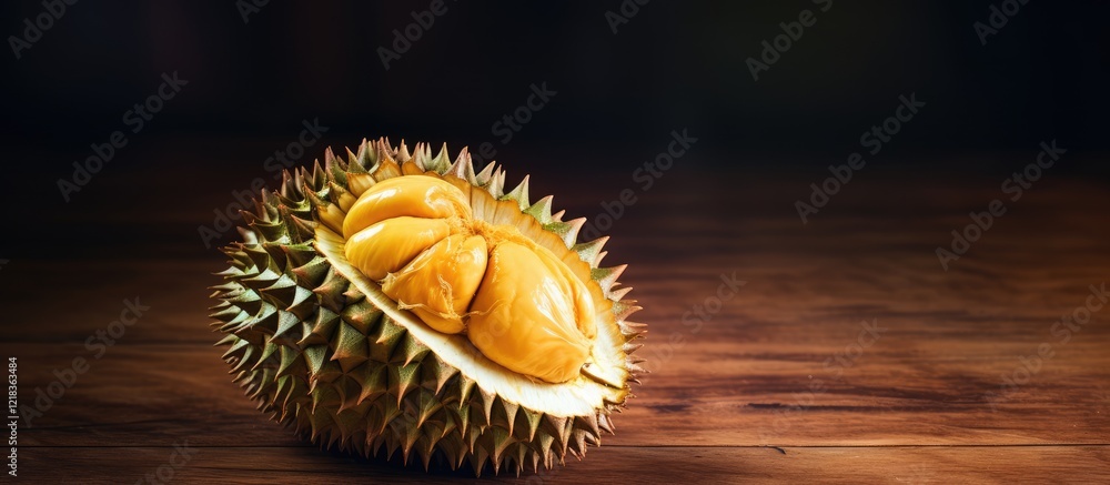 Poster ripe durian fruit with yellow flesh and sharp green thorns centered on a wooden board with dark back