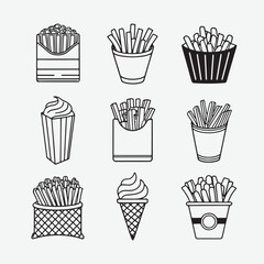 French Fries Outline Icon Set – Vector Icons in Black on White Background
