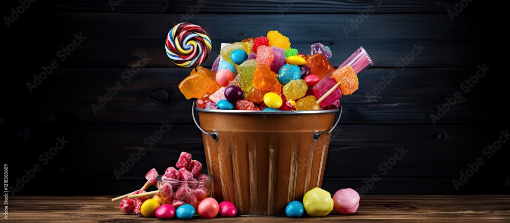 Aufkleber A vibrant bucket overflowing with colorful candies and lollipops on a rustic wooden table against a dark background with ample copy space