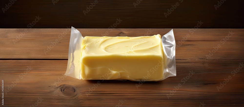 Poster Open pack of butter lying on rustic wooden background with warm brown tones highlighting smooth yellow butter and silver wrapping with ample copy space