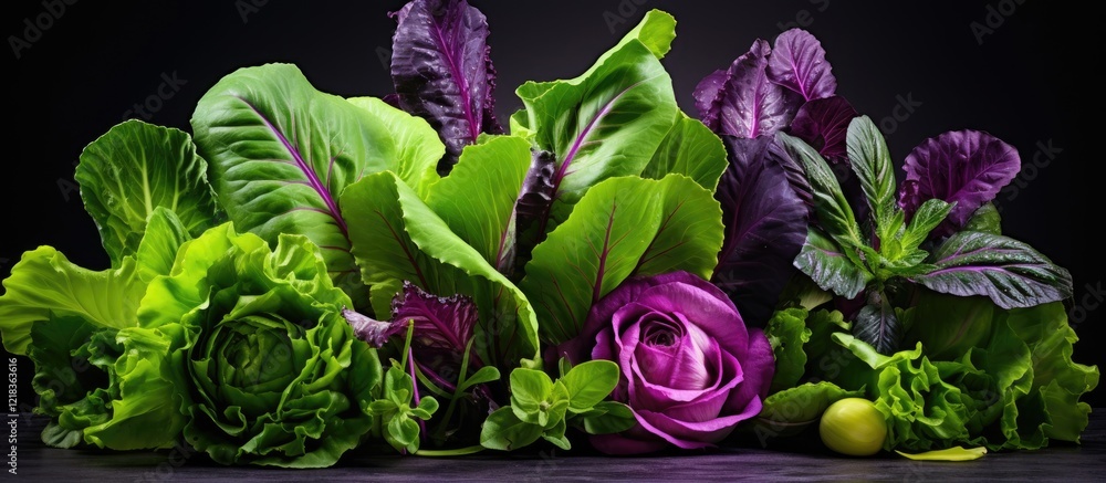 Aufkleber vibrant green leaves and violet lettuce arranged elegantly on a dark background with ample copy spac