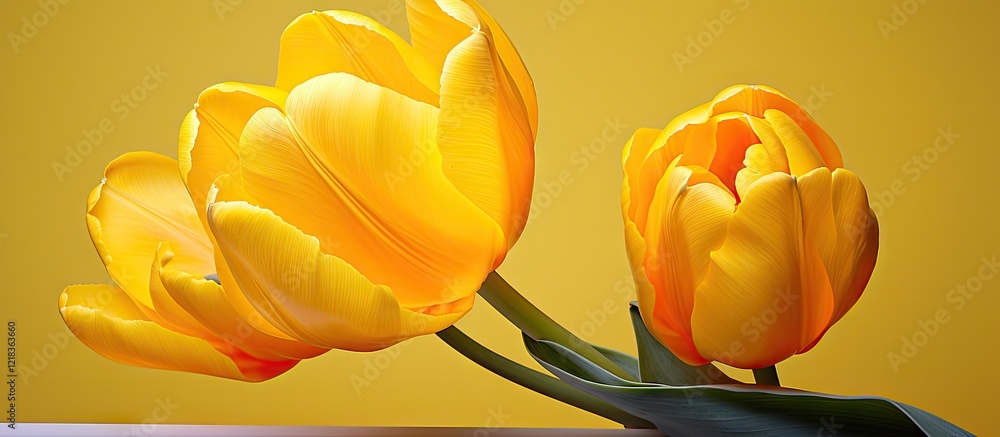 Poster vibrant yellow tulips with fully opened petals and one partially opened against a soft yellow backgr
