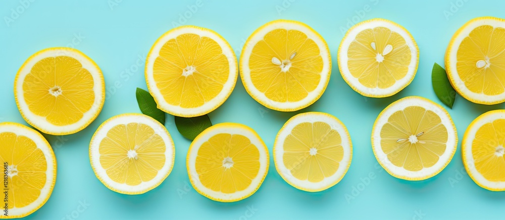 Poster half sliced lemons arranged in two rows on a vibrant cyan background with green leaves creating a fr