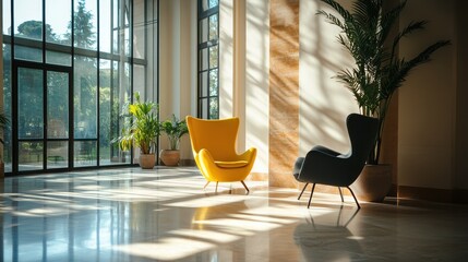 Two stylish armchairs in a sunlit lobby. Ideal for showcasing interior design, relaxation, and modern spaces.