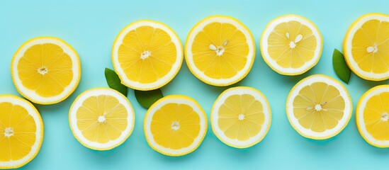 Obraz premium Half sliced lemons arranged in two rows on a vibrant cyan background with green leaves creating a fresh summer-themed flat lay composition.
