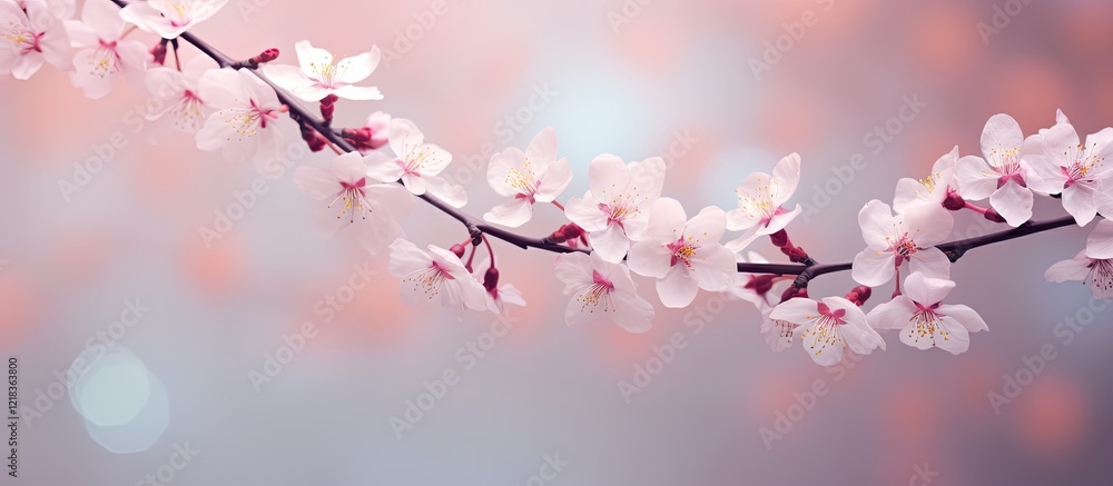 Poster Pink blooming flower branch on a soft pink background with shimmering bokeh highlights ample space for text or imagery on the right side