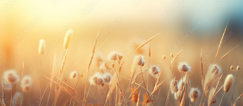 Aufkleber Soft morning sunlight illuminates a wild meadow with golden grass and soft white blooms, creating a serene nature concept with ample copy space.