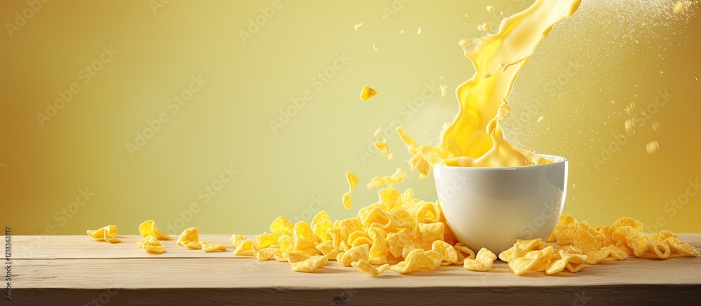 Poster bowl of golden corn flakes on wooden surface with milk splashing over, creating vibrant yellow and n