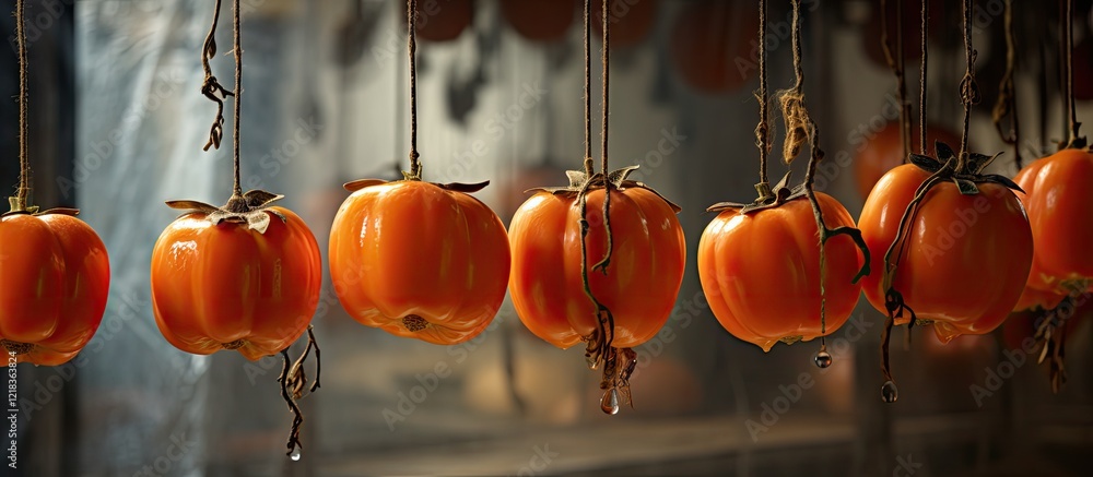 Poster sweet dried persimmons suspended on ropes in a rustic market setting with warm orange tones in focus