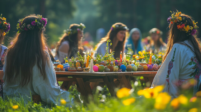 Ostara Festival celebration in the middle of a garden full of wild flowers with wooden tables decorated with candles and colorful eggs,