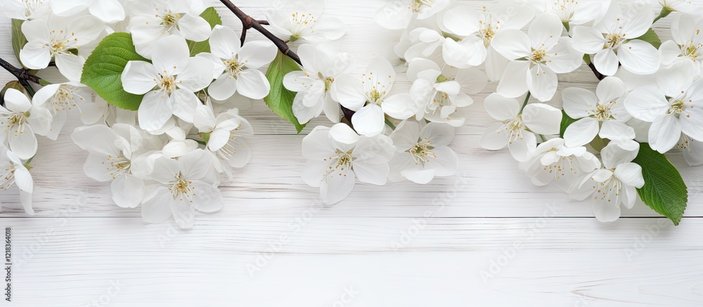 Aufkleber White apple blossoms arranged in a circular pattern against a white wooden backdrop with ample negative space for text and design elements.