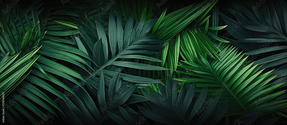Poster lush green palm leaves create a rich textured backdrop with dark tones and ample copy space in the c
