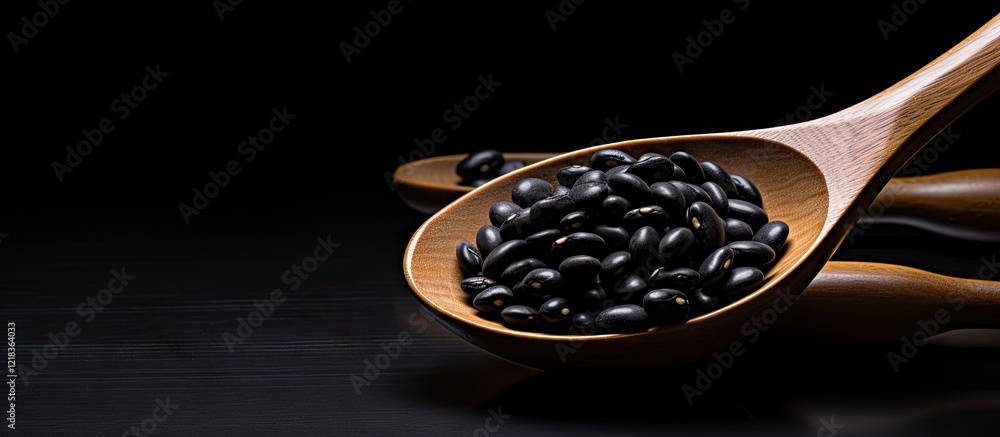 Poster Wooden spoon with black beans positioned towards the left on a dark surface with a clean white background for copy space and minimalistic design.