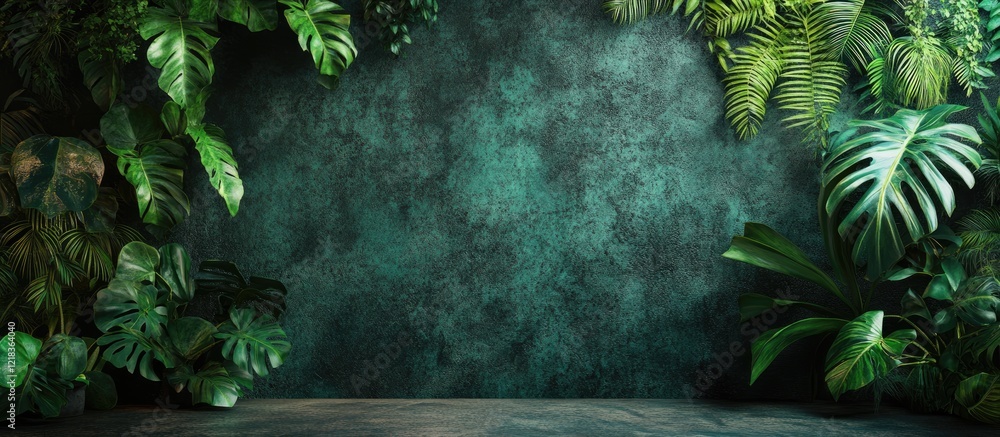 Poster Lush green foliage against a dark textured concrete wall with a hint of grunge creating a jungle atmosphere in a studio setting
