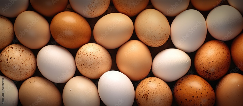 Poster colorful assortment of brown and white boiled chicken eggs on a dark surface with textured backgroun
