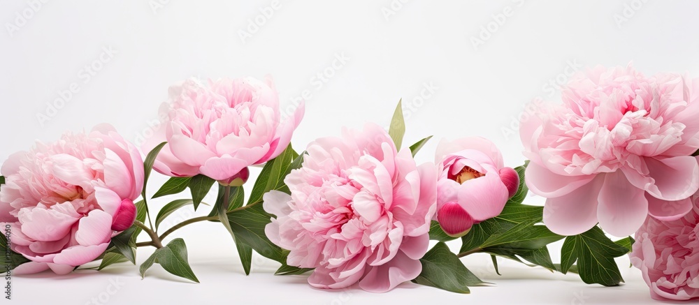 Aufkleber a delightful arrangement of soft pink peony flowers with green leaves on a stark white background, i