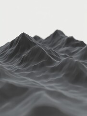 A stylized 3D representation of mountainous terrain in grayscale.
