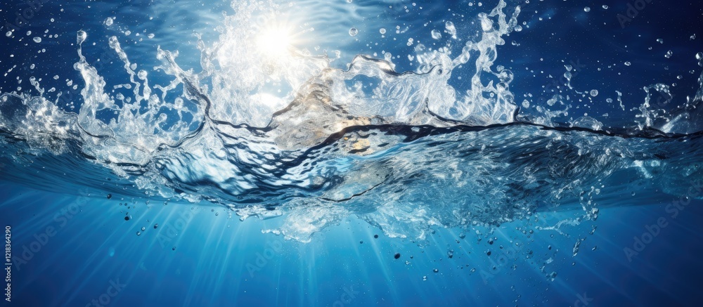 Aufkleber dynamic water splash in a vivid swimming pool scene featuring deep blue tones with radiant sun refle