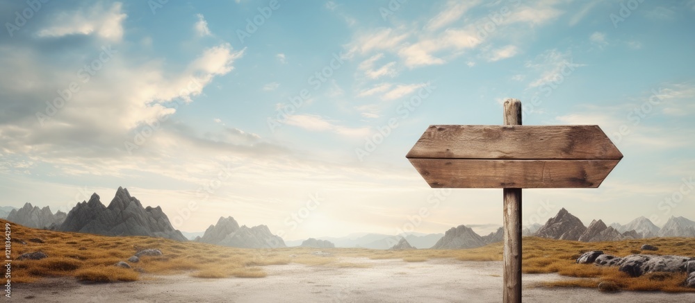 Poster Isolated wooden signpost in the foreground with open landscape and mountains in the background under a blue sky with clouds, perfect for copy space