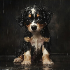 The poor puppy is getting wet in the rain.