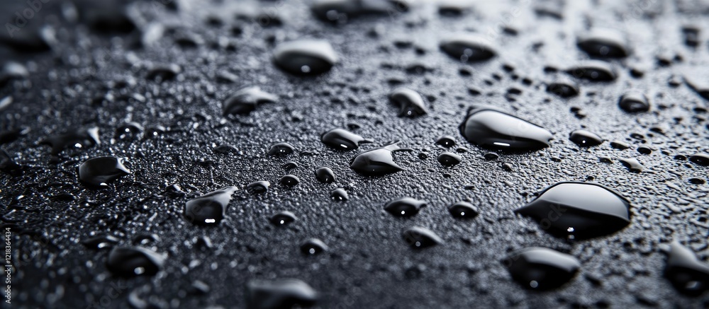 Leinwandbilder Close-up of water droplets on a dark textured surface with shiny reflections in varying sizes and positions creating a dramatic effect