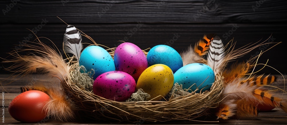 Poster colorful painted eggs in a sisal nest with bird feathers on a dark wooden background offering ample 