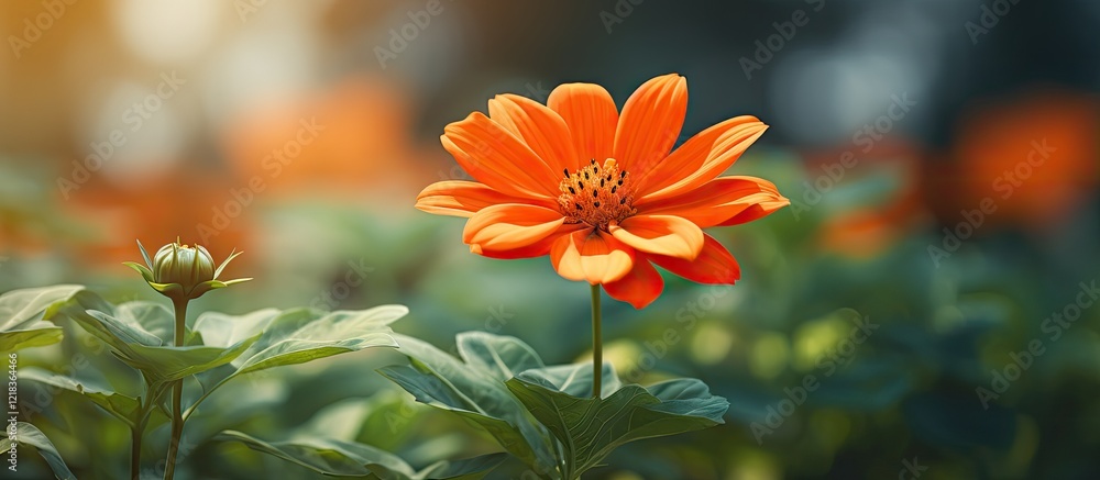 Poster Vibrant orange flower in sharp focus with lush green foliage and a softly blurred garden background creating ample space for text or graphics