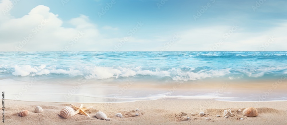 Aufkleber serene blurred beach scene with light blue sea, soft clouds, sandy foreground with shells, and spaci