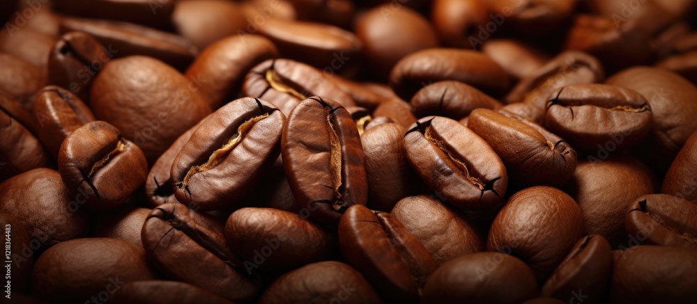 Poster close up of roasted coffee beans in rich brown hues with smooth texture and depth, ideal for beverag