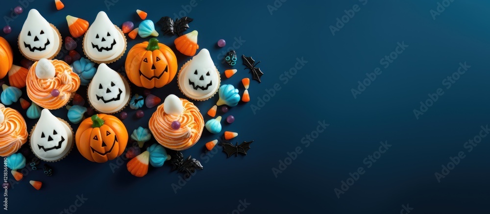Poster halloween themed ghost cupcakes and vibrant candies arranged on a dark blue surface with ample copy 